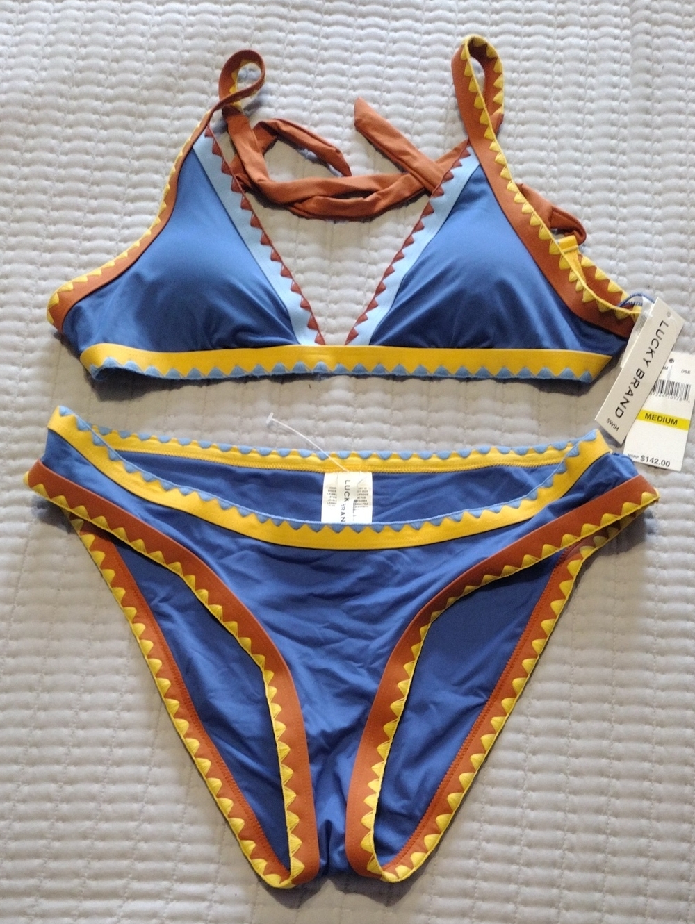 Lucky Brand Blue Bikini Set with Rust & Yellow Trim